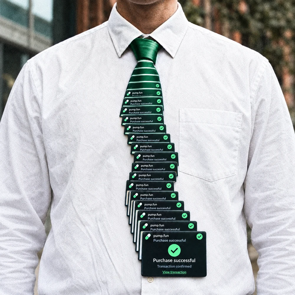 A white shirt with an emerald green tie made from a stack of successful purchase notifications